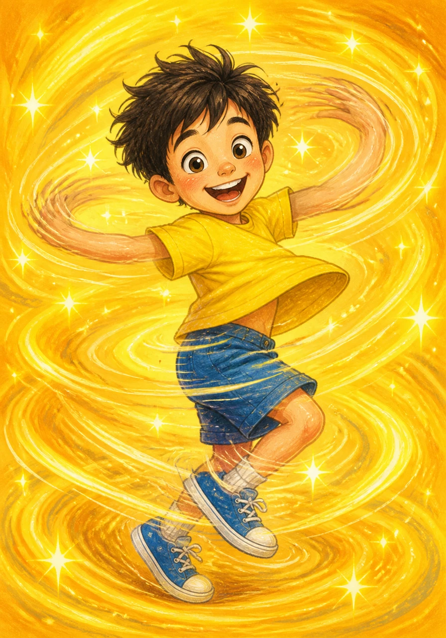 Ray becomes a blur of happy motion as he spins around in circles and wiggles his arms like long, floppy noodles. The background is filled with bright yellow swirls and sparkles to show his high energy and how much fun it is to move his body.