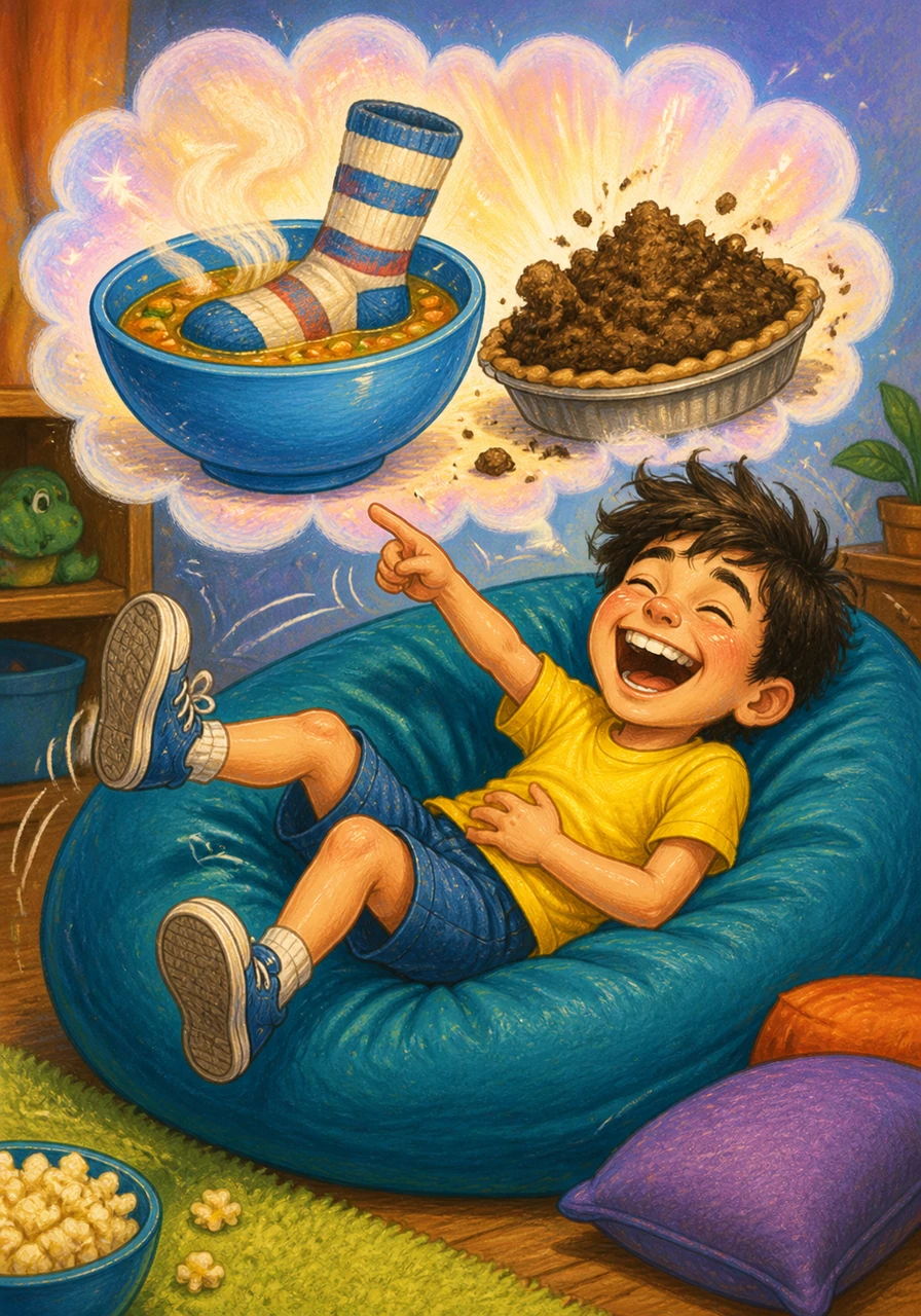 Ray is laughing so hard he is rolling on a soft beanbag chair, imagining a giant bowl of sock soup with a literal striped sock in it and a pie made of brown dirt. The scene is incredibly silly and vibrant, capturing the humor of his favorite joke.