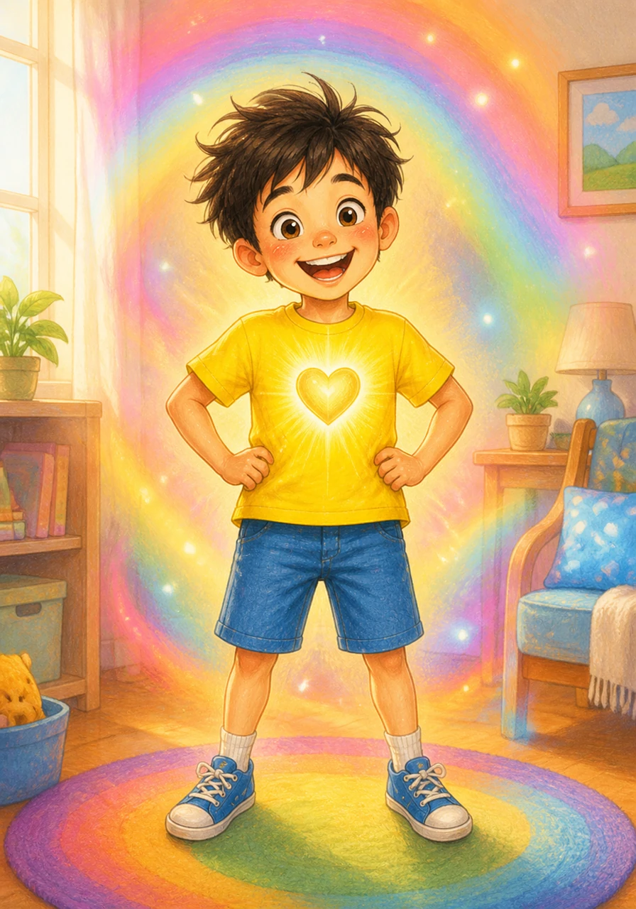 Ray stands proudly in the center of the room with a glowing golden heart on his chest, looking healthy, happy, and very bright. He is surrounded by a rainbow of soft colors that reflect his calm and successful mood after making a safe choice.