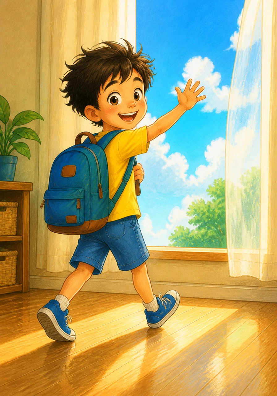 Ray is ready for a brand new adventure, wearing his favorite backpack and waving a happy goodbye to the floor. He walks toward a big sunny window filled with blue sky, showing he is ready to explore the world in a fun and safe way.