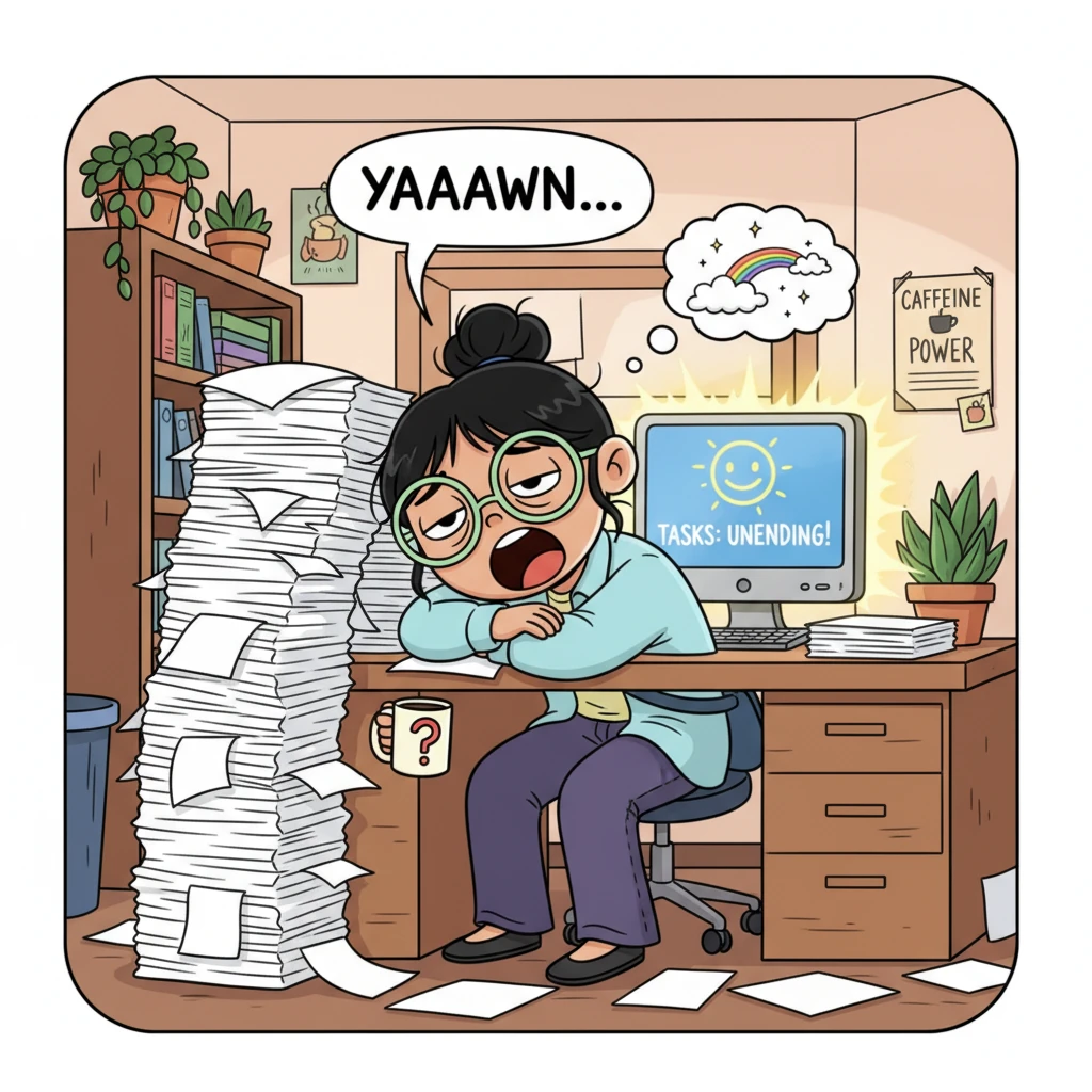 Lily slumped over her desk, a tower of papers looming around her. Her eyes drooped, and a big yawn escaped her lips, making her tiny office feel even