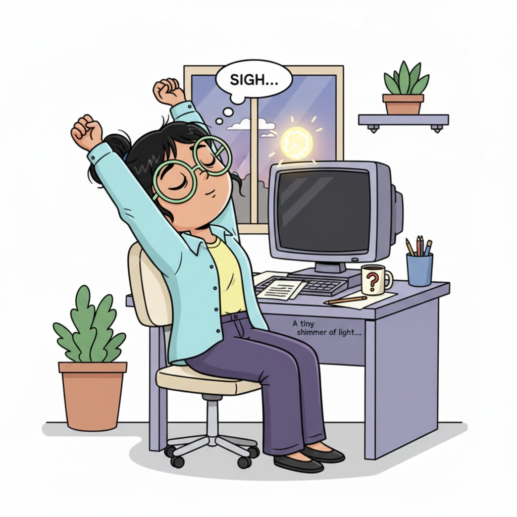 With a heavy sigh, Lily leaned back in her chair, stretching her arms above her head. She closed her eyes, imagining a world far away from deadlines a