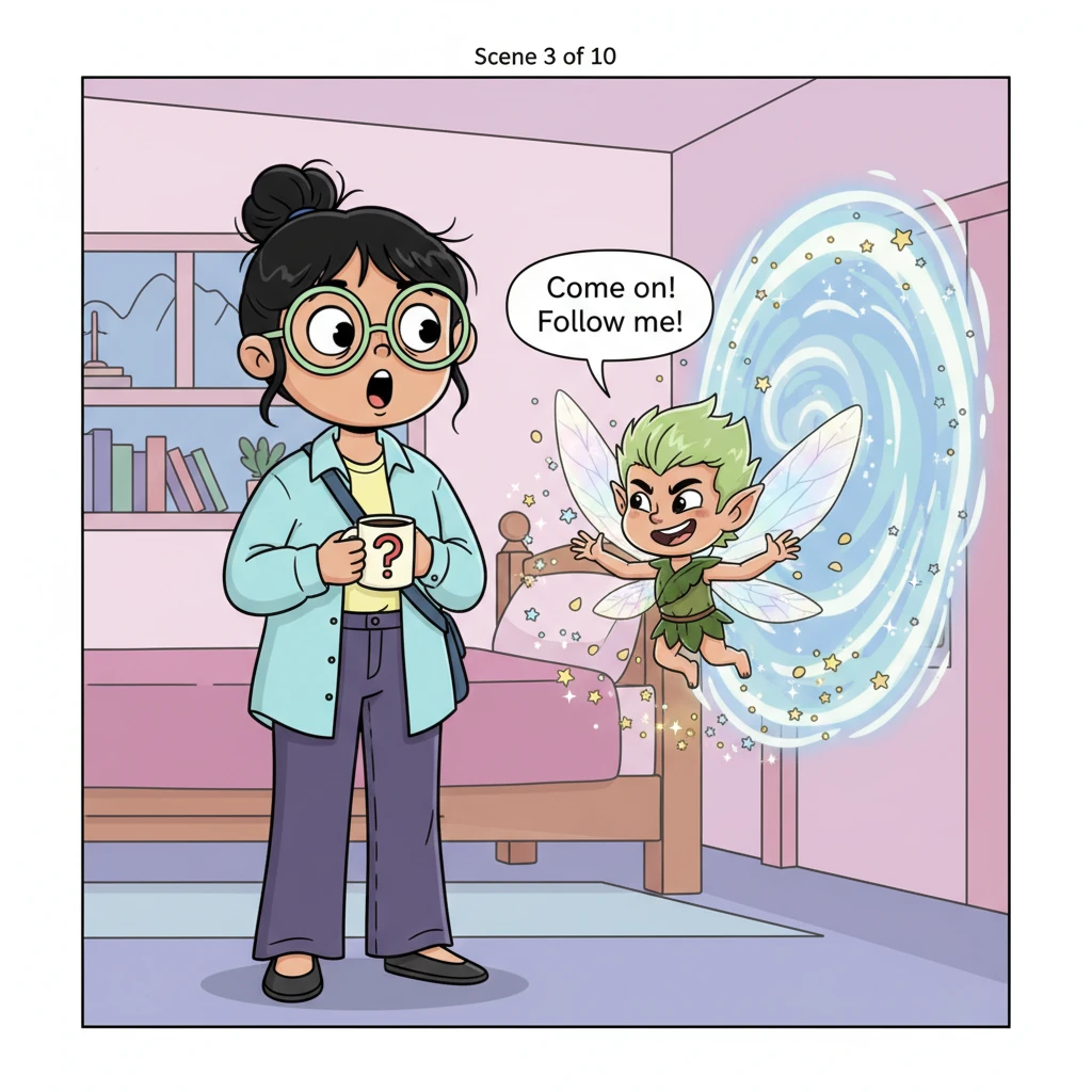 The shimmer burst into a cascade of tiny, glittering stars, revealing a mischievous little sprite! He was no bigger than her thumb, with pointy ears a