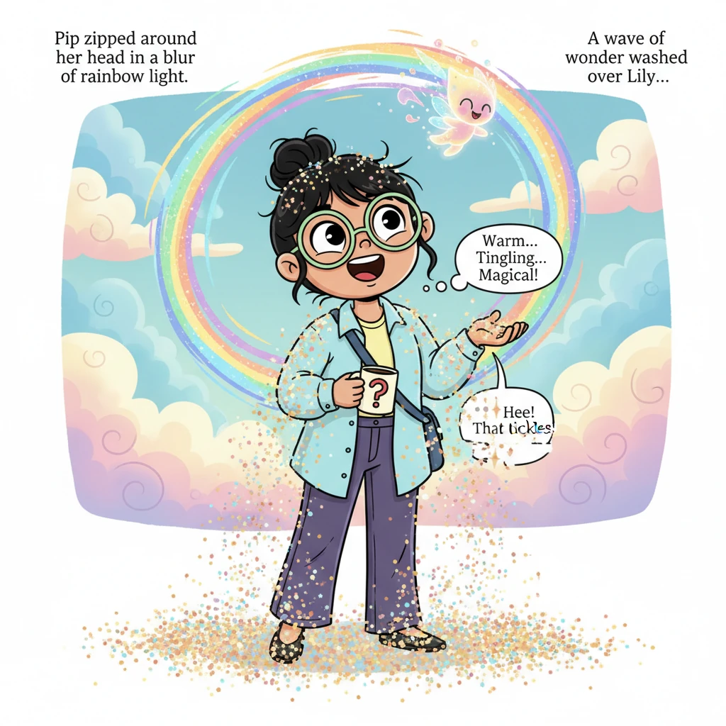 Before Lily could even blink, the sprite, whom she instinctively knew was named Pip, zipped around her head in a blur of rainbow light. He sprinkled h