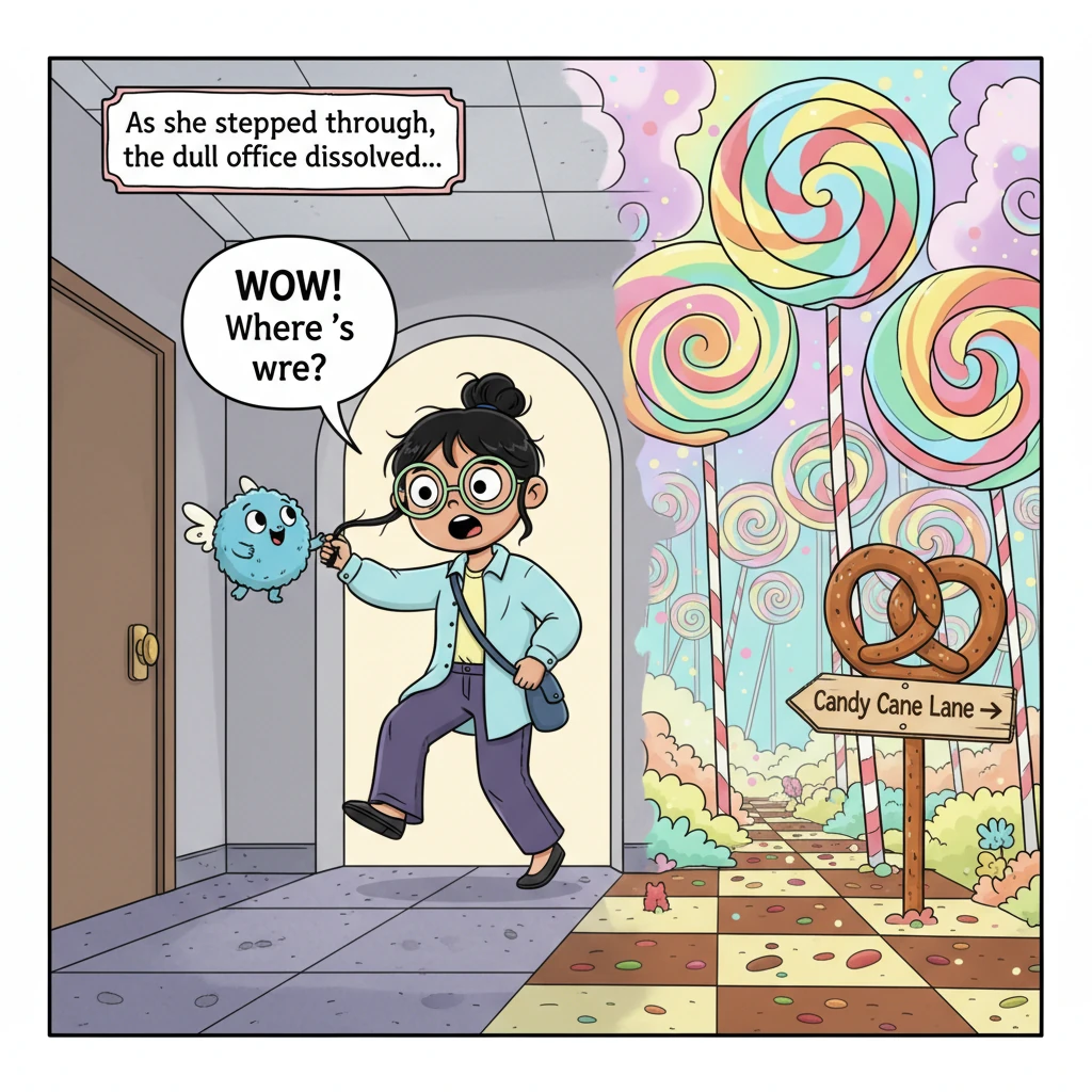 Pip tugged gently on a loose strand of Lily's hair, pulling her towards the office door. As she stepped through, the dull office hallway shimmered and