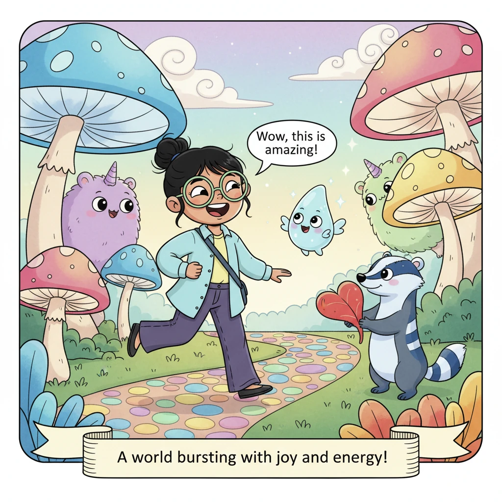 Hand-in-hand (Lily's finger holding Pip's tiny hand), they skipped along a path paved with rainbow cobblestones. Playful, fluffy creatures with sparkl