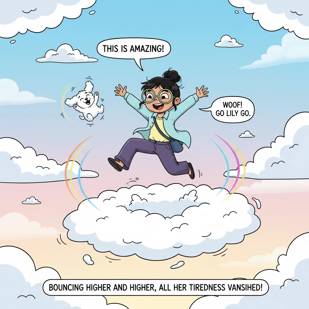 Their adventure led them to a sky filled with giant, bouncy clouds! Lily leaped onto a fluffy cloud trampoline, bouncing higher and higher with glee.