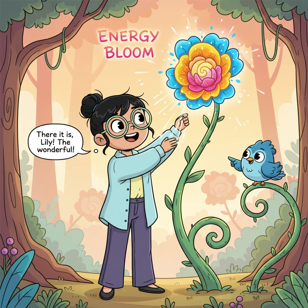 Pip then pointed to the most beautiful flower Lily had ever seen, glowing brilliantly atop a tall, whimsical stalk. It was an "Energy Bloom," pulsatin