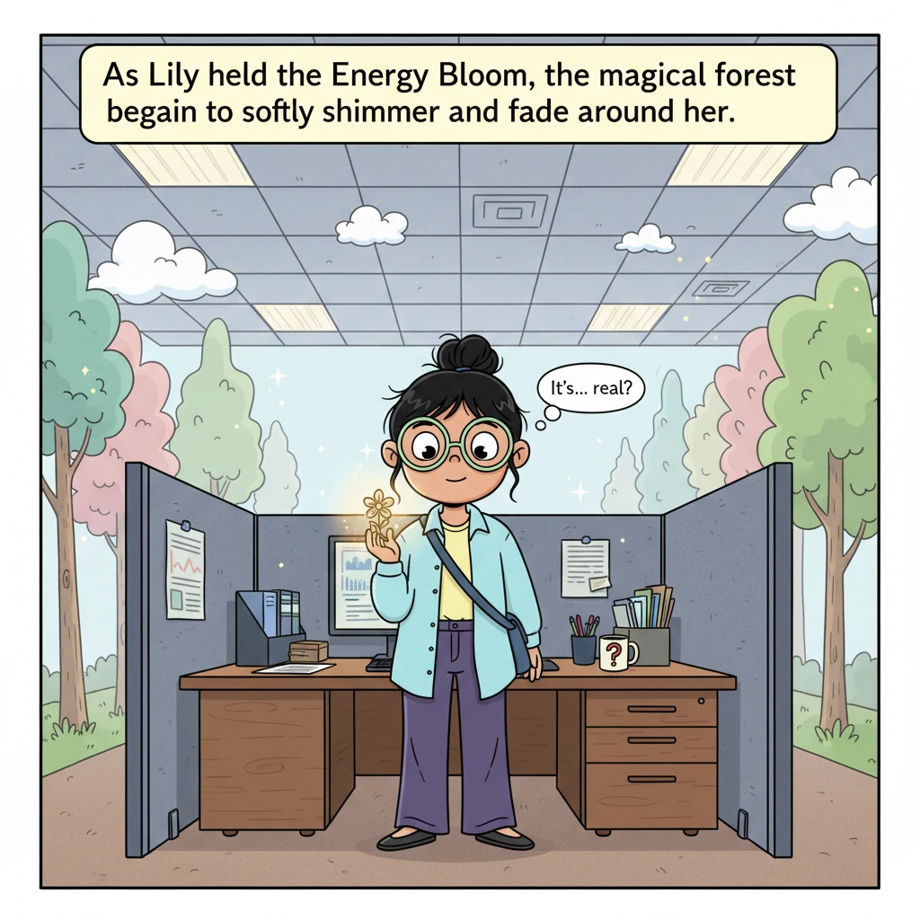 As Lily held the Energy Bloom, the magical forest began to softly shimmer and fade around her. The colorful trees turned back into office walls, and t
