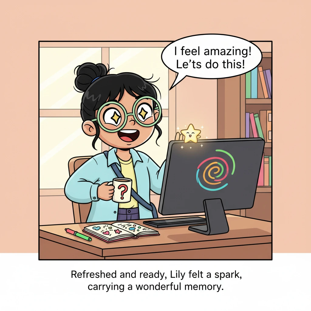 Lily sat up straight, a wide, genuine smile spreading across her face. She felt completely refreshed, energized, and ready to tackle anything. Pip, no