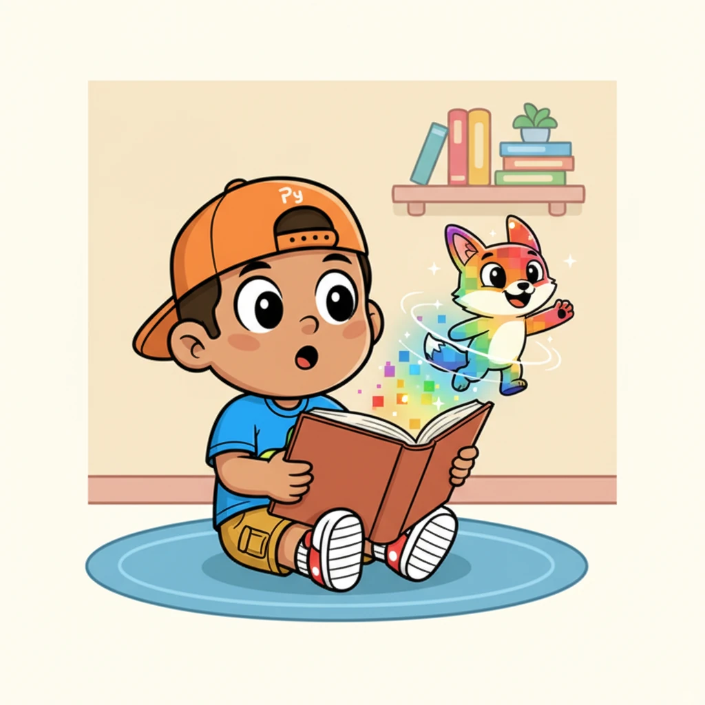 Birdən kitabdan kiçik, parıldayan, piksel formalı bir canlı sıçradı! Bu, "Piksel" idi, rəngli işıqlarla parıldayan və Elvinə maraqla baxan kiçik bir məxluq. Piksel havada fırlanır və Elvinə gülümsəyirdi, sanki onu salamlayırdı.