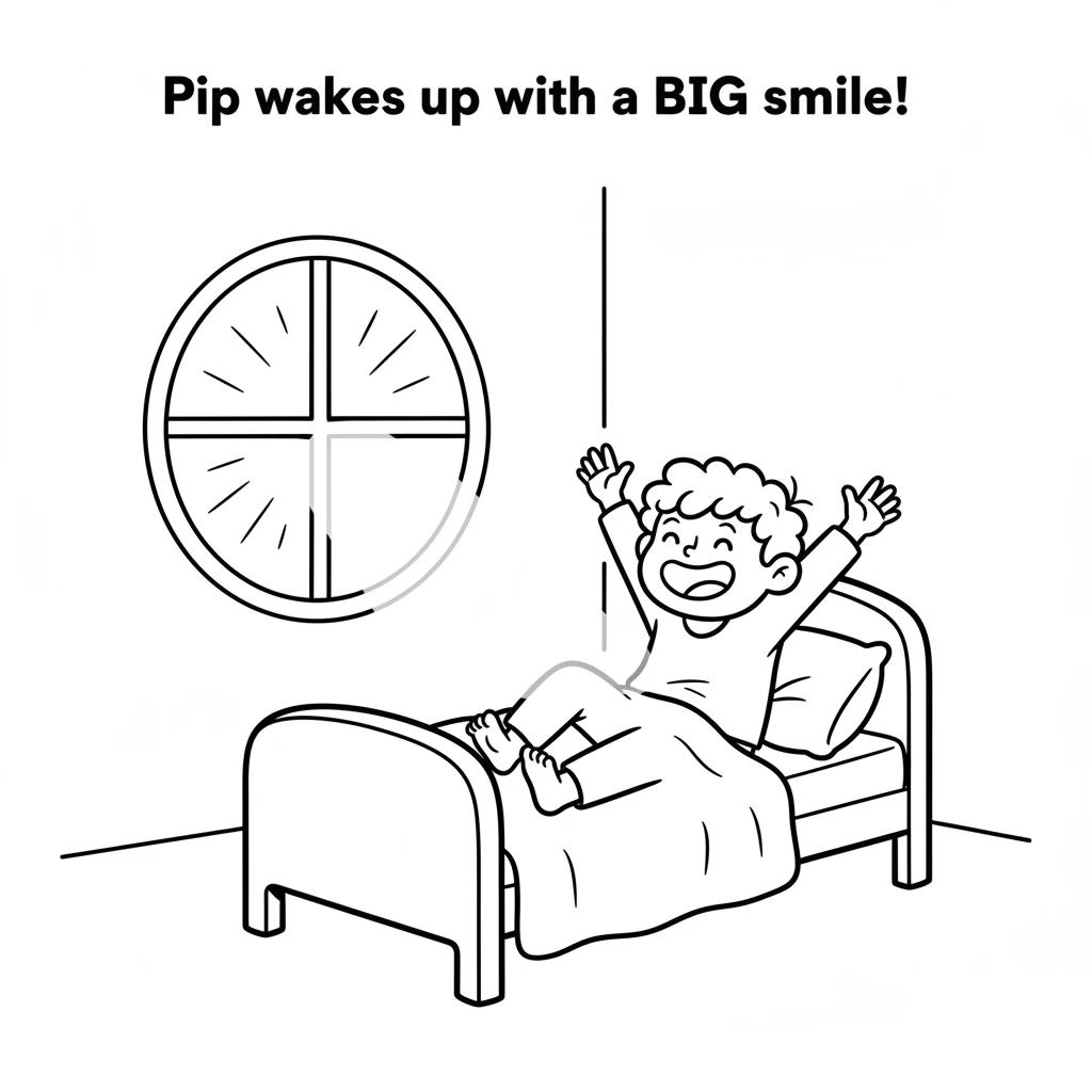 Pip wakes up with a big smile, stretching happily in a simple bed. The sun peeks through a round window, casting a bright spot on the wall. Pip's arms