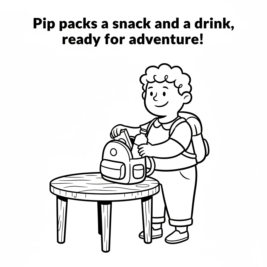 Pip packs a small, round backpack with a few essential items. A water bottle and a snack bar are tucked inside. Pip stands next to a small, curved tab