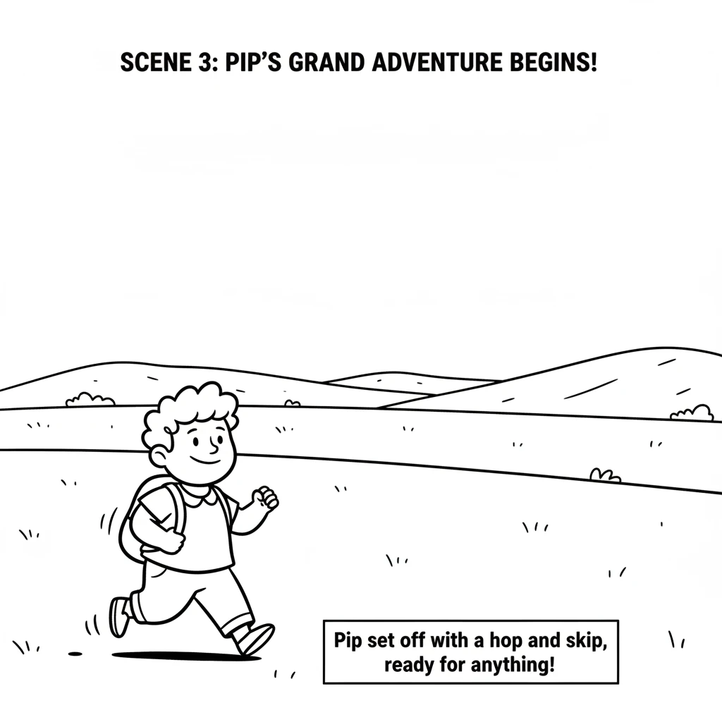 Pip sets off, walking across a wide, flat field under a clear sky. Simple curved lines suggest gentle rolling hills in the distance. Pip's legs are sh