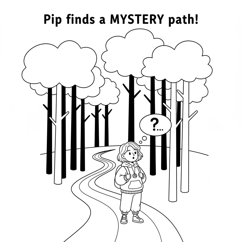 Pip discovers a winding path leading into a dense forest. Tall, simple tree trunks with rounded canopies line the path. Pip looks curious, head tilted