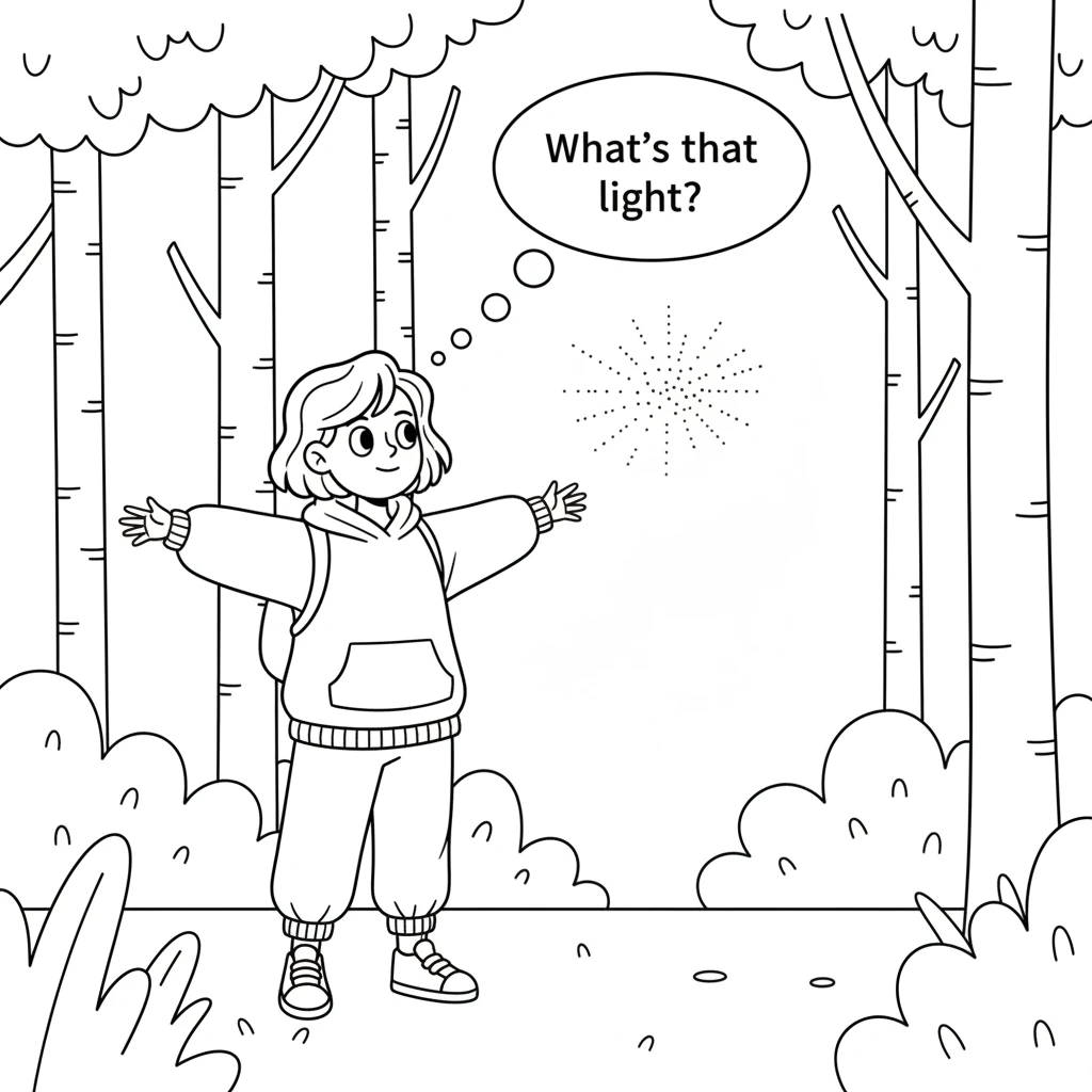 Deeper in the forest, a faint sparkle catches Pip's eye. Simple dots and short lines represent the gentle shimmer. Pip's eyes are wide, following the