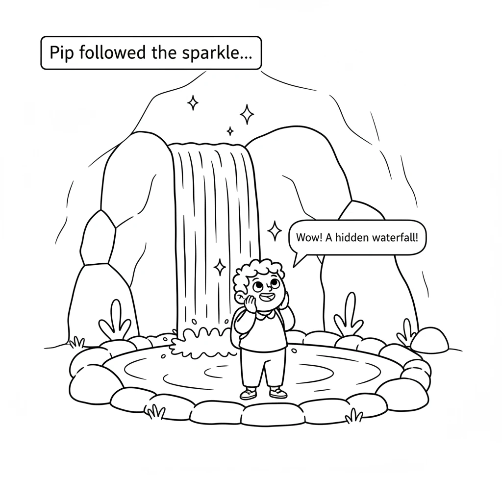 Pip follows the sparkle to a beautiful, hidden waterfall. The water is drawn with vertical wavy lines falling into a simple, calm pool. Pip stands nea