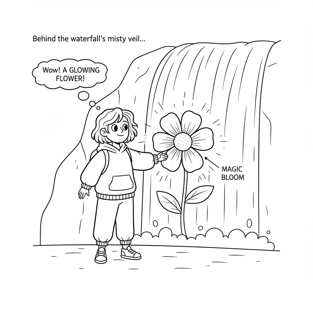 Behind the waterfall, Pip discovers a beautiful, glowing flower. The flower has large, simple petals and a bright center, drawn with a few bold lines.