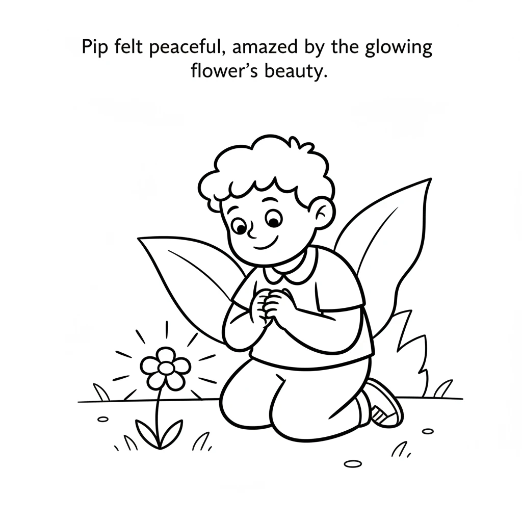 Pip gazes at the glowing flower, feeling peaceful and amazed by its beauty. Pip's face shows gentle wonder and contentment. The flower glows softly, r