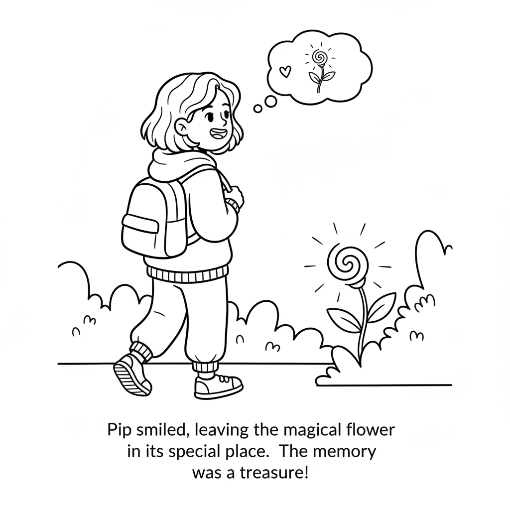 Pip turns to leave, looking back at the flower with a content smile. Pip decides to let the flower stay in its hidden, magical spot. The memory of its
