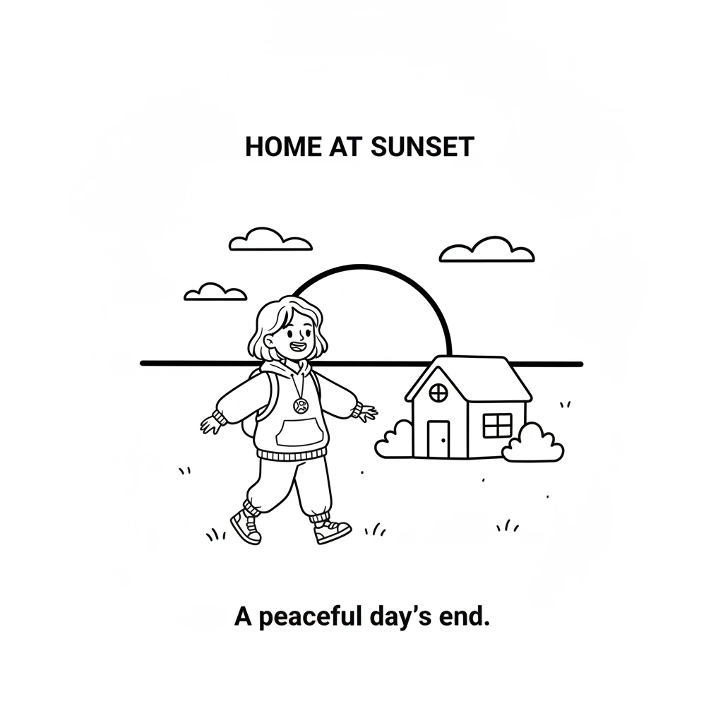 Pip returns home as the sun begins to set, a simple curved line on the horizon. Pip walks with a light step, happy and fulfilled by the day's peaceful