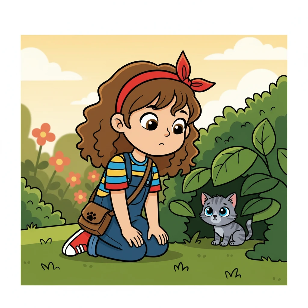 Curiosity piqued, Lila knelt down and peered into the shadows. There, nestled amongst the green leaves, was a tiny, gray kitten with big, curious eyes. It looked scared and alone.