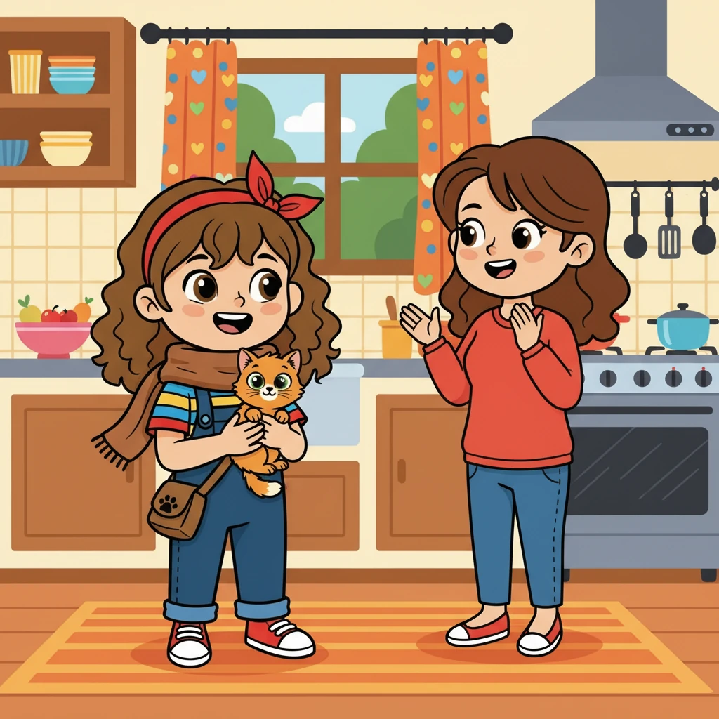 With the kitten safely tucked in her scarf, Lila hurried home. Her mom was in the kitchen, and her face lit up when she saw Lila holding the small, fluffy creature.