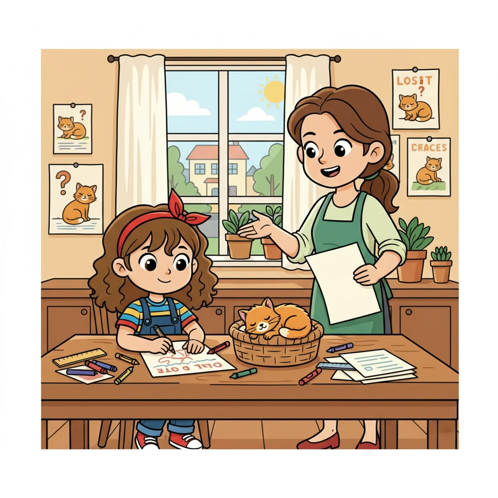 “Oh, what a sweetie!” her mom exclaimed. “We need to help find its owner. Let’s make some posters and put them up around the neighborhood.”