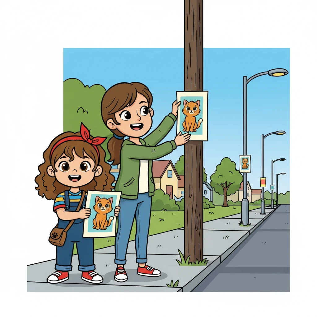 Together, Lila and her mom made colorful posters with a picture of the kitten and the words “Lost Kitten – Found!” They taped them to telephone poles and lampposts.
