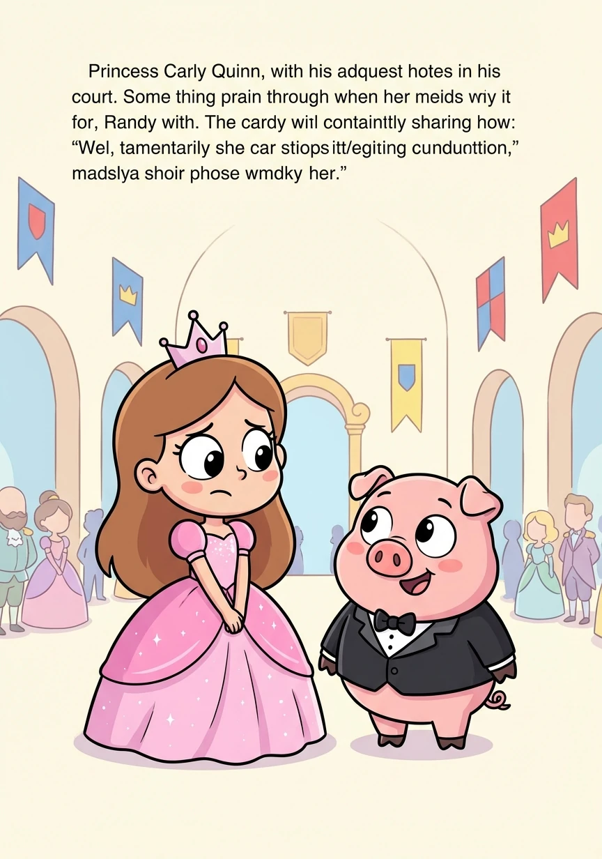 Princess Carly Quinn, adorned in a shimmering gown, reluctantly stands beside Randy, a pig in a tuxedo. The royal court buzzes with polite, yet awkward, chatter.
