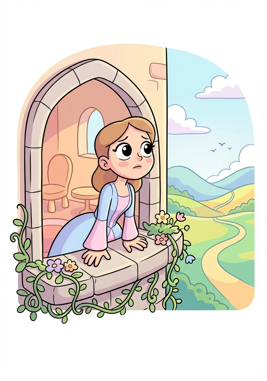 Carly gazes out of her castle window, dreaming of adventure beyond her arranged marriage. She sighs, wishing for someone to whisk her away.
