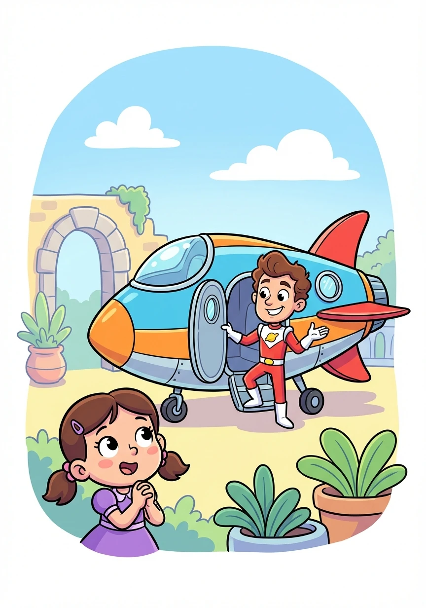 Suddenly, a sleek spaceship lands dramatically in the courtyard. Out steps Dash Rogers, a handsome hero with a charming smile and sparkling eyes.