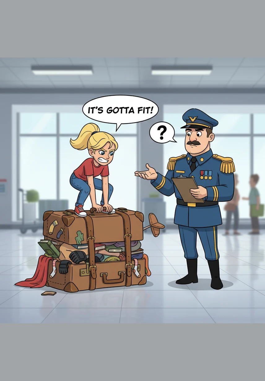 She tried to zip her suitcase, but it refused to close because she had packed three stuffed bears and a giant inflatable flamingo. With a mighty leap, she sat on the luggage, praying the zipper would hold its breath long enough to reach the car.