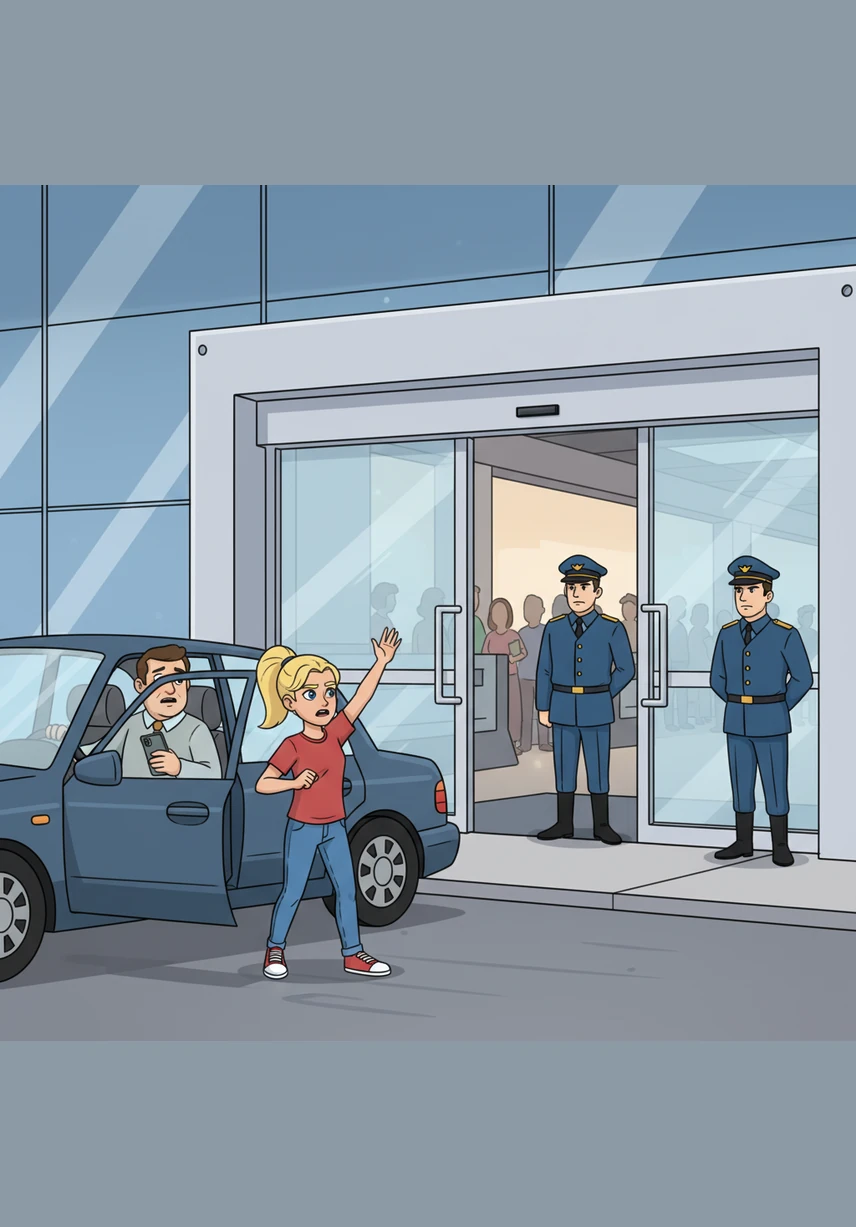 At the terminal entrance, Mia hopped out of the car and waved a frantic goodbye to her dad. She took a deep breath and marched toward the giant sliding doors, feeling like a brave explorer entering a high-tech jungle.