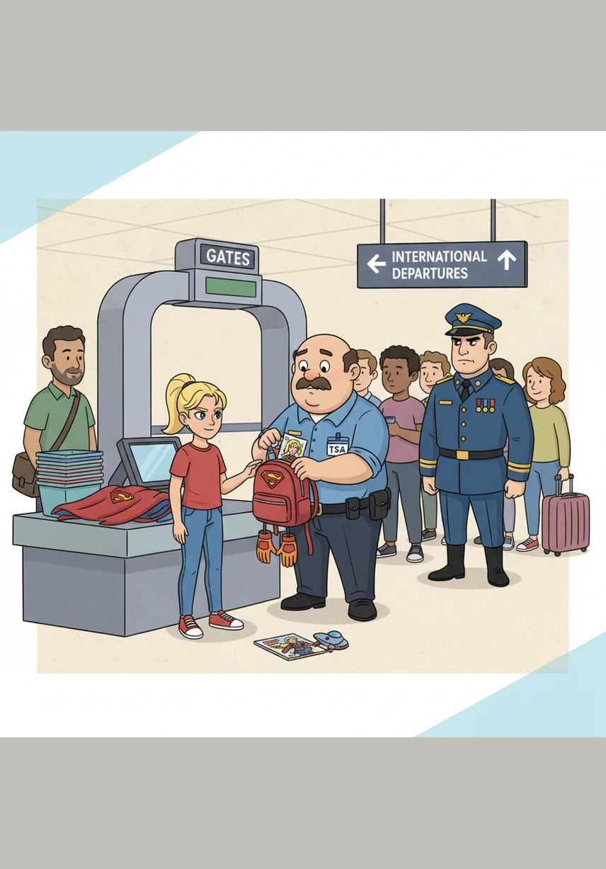 The security line was a mountain of plastic bins and beeping machines that made Mia feel like she was in a science fiction movie. She had to explain to a very serious officer that the 'suspicious object' in her pocket was actually just a very squished peanut butter sandwich.