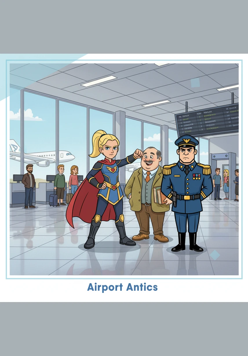 Once through security, Mia discovered the magic of the moving walkway and couldn't resist showing off. She struck a heroic pose, gliding past tired travelers while pretending she was a secret agent on a high-speed mission to save the world.