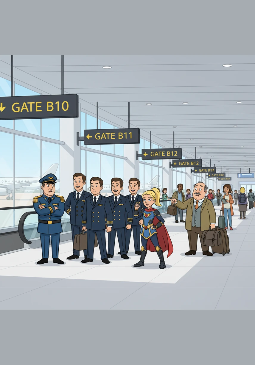 In her hurry to find Gate B12, Mia accidentally marched right behind a line of uniformed pilots. She followed them for three whole gates, wondering why everyone was smiling at her until she realized she wasn't actually part of the flight crew.