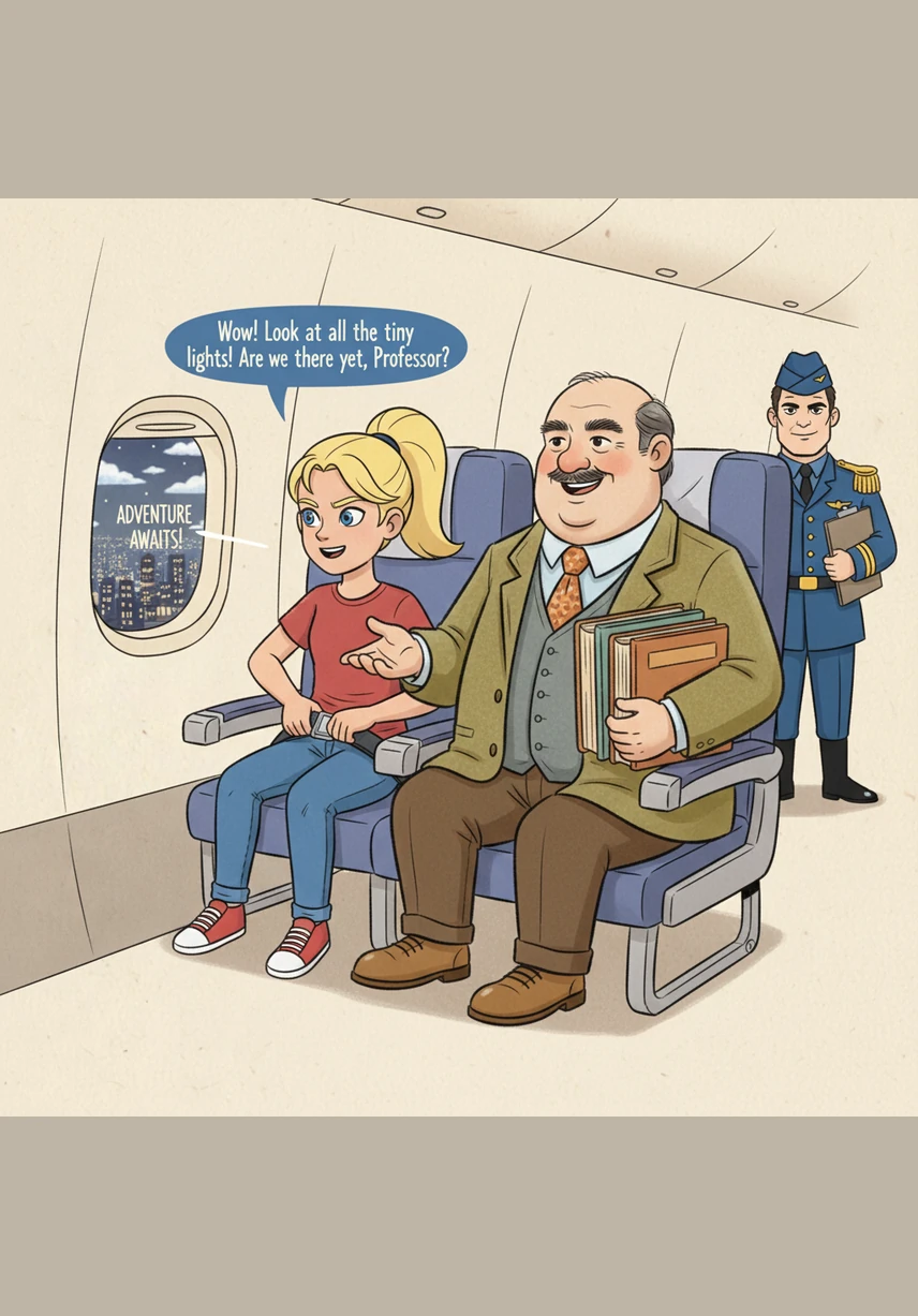 As the plane taxied toward the runway, Mia buckled her seatbelt and let out a long, happy sigh. Within seconds, she was fast asleep, dreaming of clouds and wondering if the flight attendants served extra cookies for brave explorers in bunny slippers.