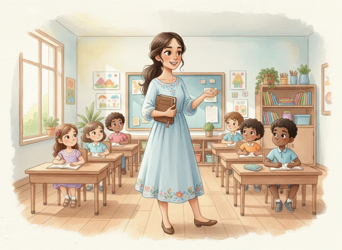 La maestra entró con pasos ligeros y una sonrisa que iluminaba todo el salón, transmitiendo una paz inmediata a sus alumnos. Su mirada paciente recordaba a todos que en ese espacio no solo se venía a estudiar materias, sino a aprender a ser mejores seres humanos.