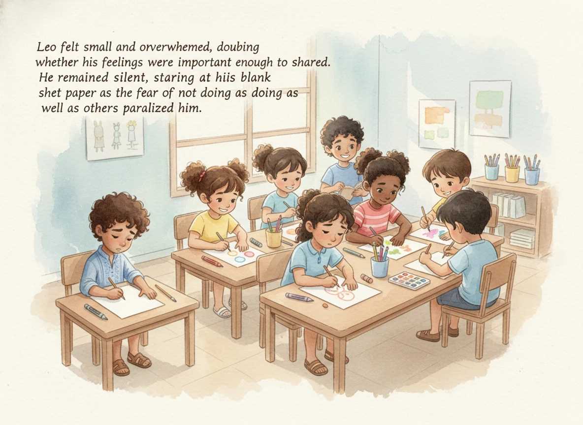 Sin embargo, en un rincón, Leo se sentía pequeño y abrumado, dudando de si sus sentimientos eran lo suficientemente importantes para ser compartidos. Se quedó en silencio, mirando su hoja en blanco mientras el miedo a no hacerlo tan bien como los demás lo paralizaba.