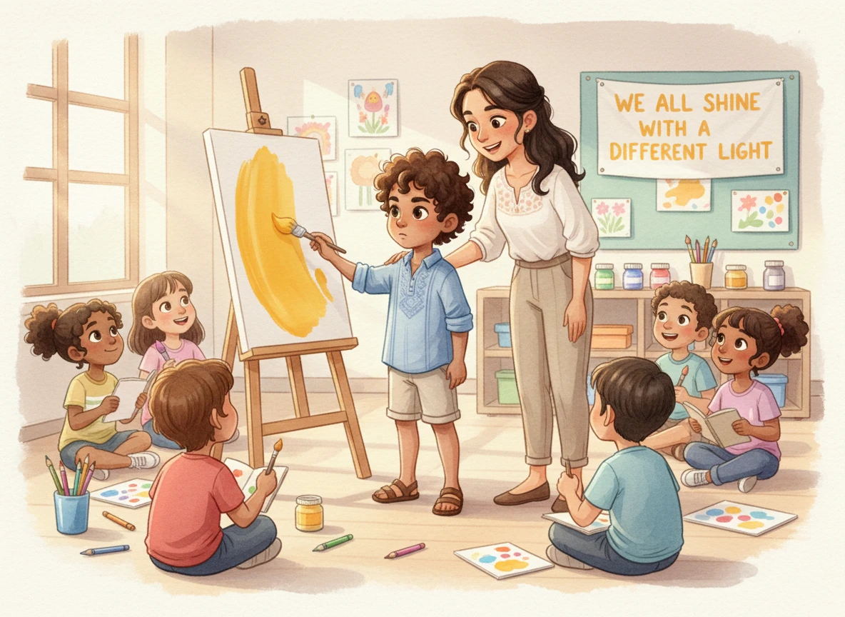 La maestra asintió con orgullo, explicando que el aprendizaje más grande es reconocer que todos brillamos con una luz diferente pero igualmente hermosa. Animado por tanto cariño y comprensión, Leo finalmente tomó un color y dejó que su corazón hablara a través de un trazo valiente.