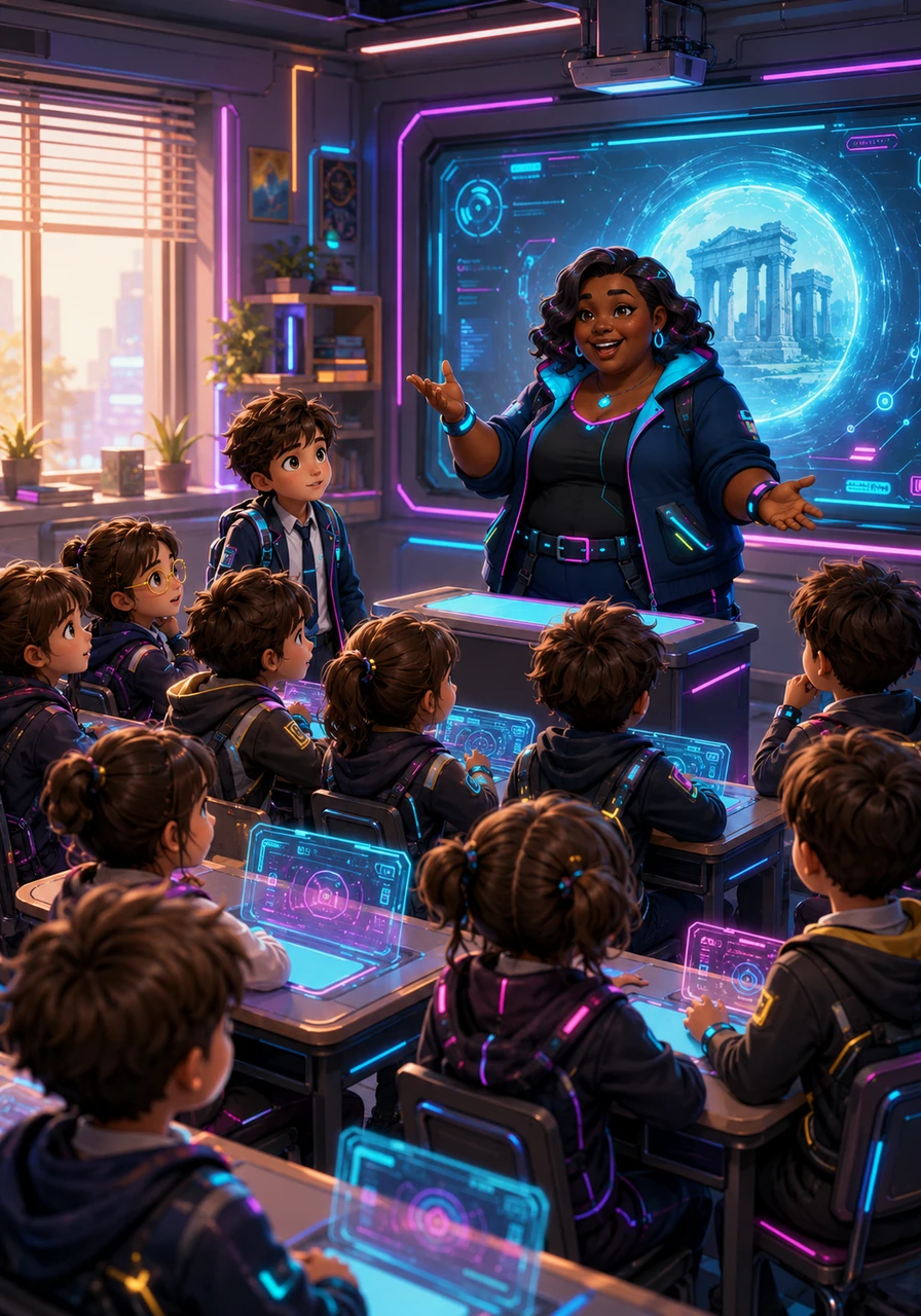 In the cozy room of Class A1, ten children sit eagerly at their desks, their brown hair glowing in the soft light. Gabrielle, their teacher with a warm smile and medium wavy hair, stands at the front ready to begin a special journey into the past.