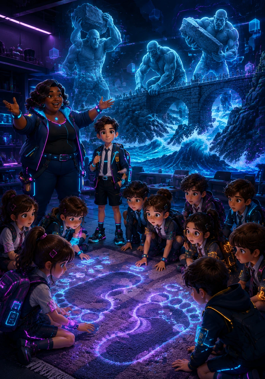 Gabrielle gestures broadly as she describes towering giants who moved mountains and built stone bridges across the crashing ocean waves. The children look at the floor, half-expecting to see the massive footprints of legends appearing on the rug.