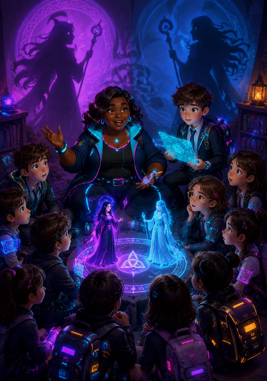 Shadows stretch long across the walls as stories of mysterious witches and powerful sorceresses fill the room. The children listen with wide eyes, captivated by the delicate balance of light and dark magic found in Celtic lore.