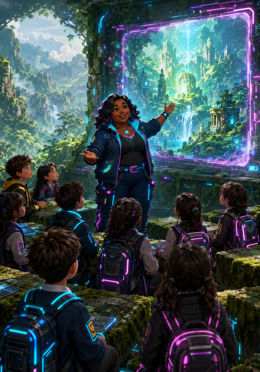 As Gabrielle continues to speak, the classroom walls seem to fade into rolling green hills and misty, emerald forests. The ordinary desks feel like mossy stones, and the chalkboard transforms into a shimmering portal to a forgotten age.
