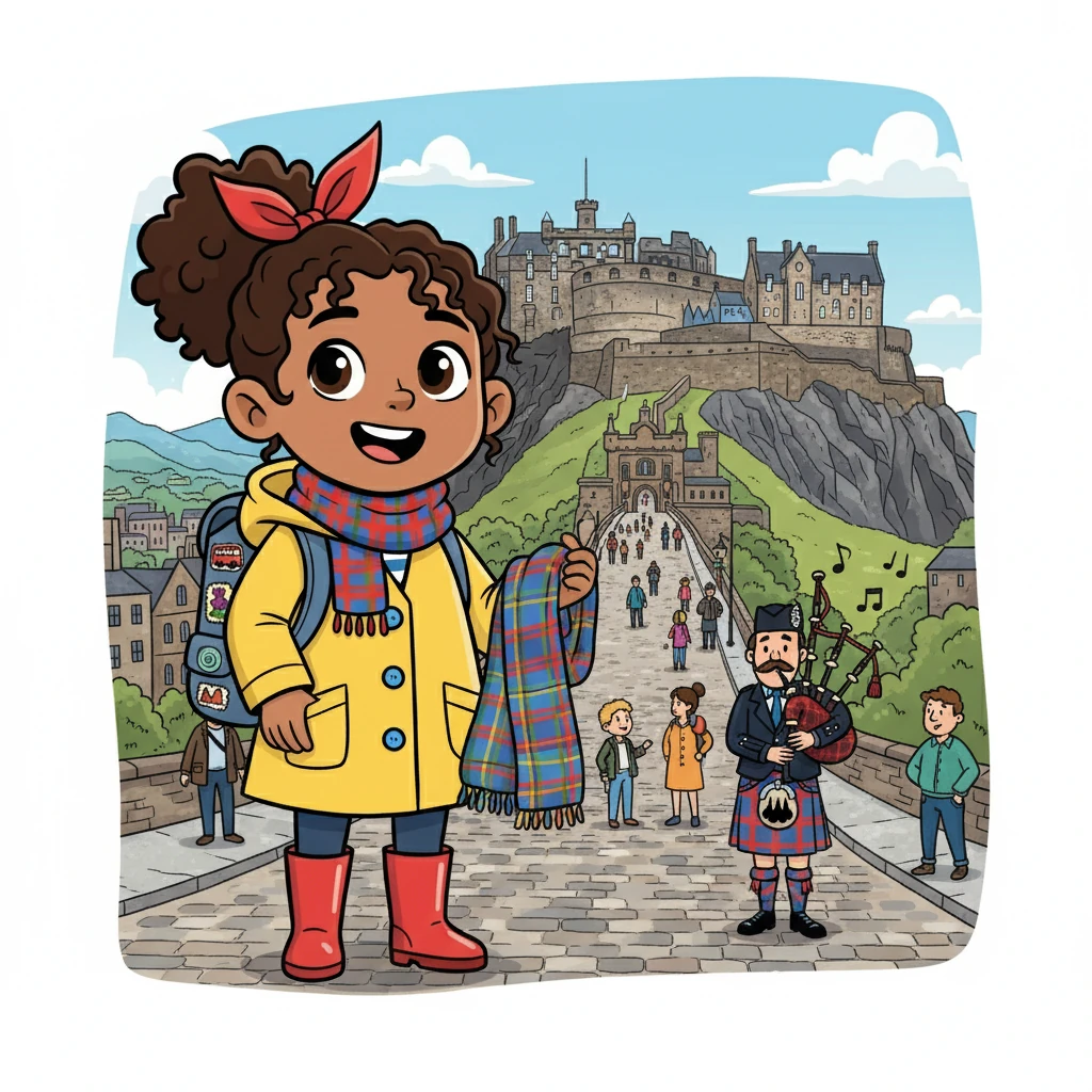 Next, Amelia journeyed to Scotland, where she stood before Edinburgh Castle. The view from the castle was stunning. She listened to the enchanting sounds of bagpipes on the Royal Mile and bought a colorful tartan scarf.