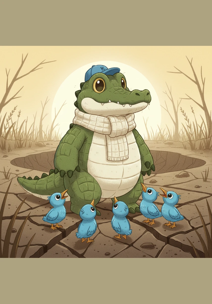 One long summer, the rains stop falling, and the vibrant swamp begins to wither into cracked, dry mud. The smaller animals look up at their towering protector with hope, as their watering holes vanish under the relentless, scorching heat.