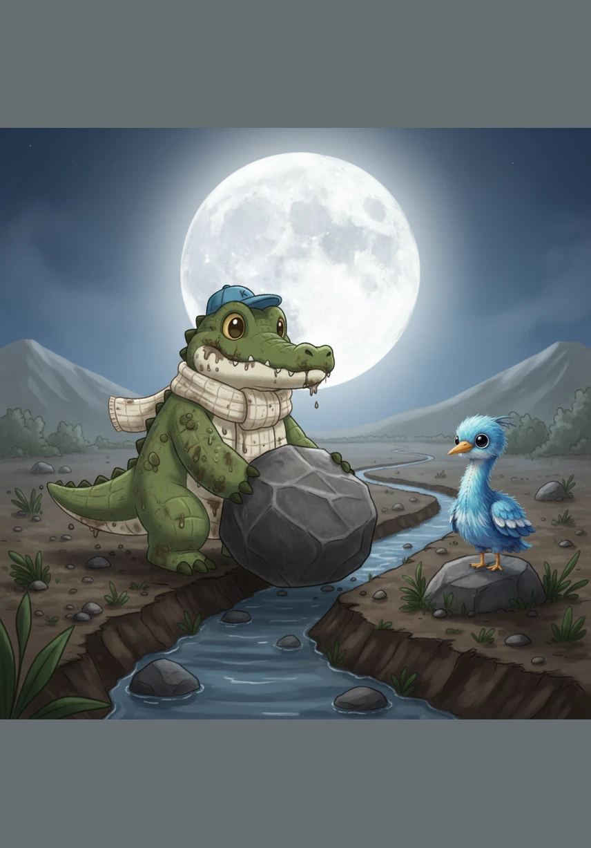 All through the night, Kuroko labors under the silver light of the full moon, moving boulders that no ten men could ever budge. His dark scales shimmer with sweat and mud as he carves a long, deep path for the distant river water to flow into the valley.