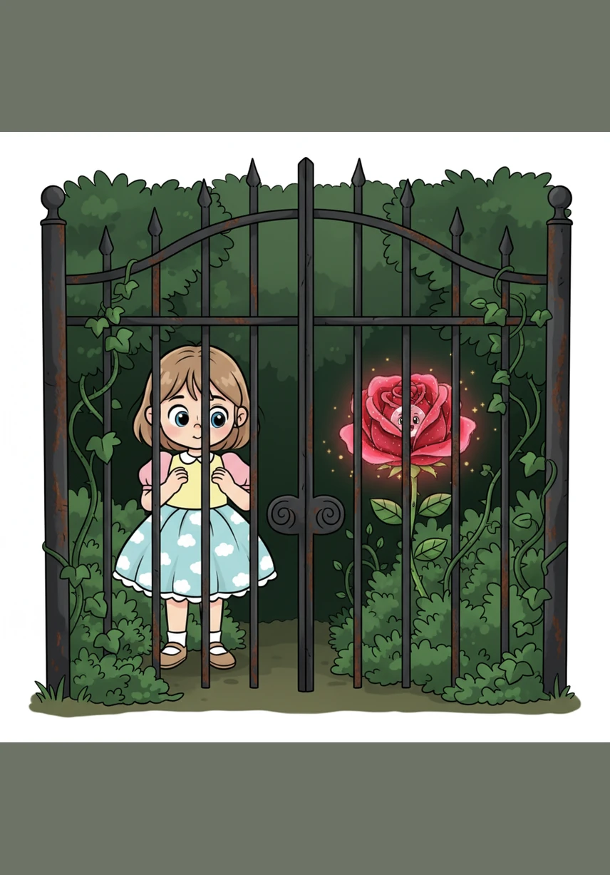 Tucked away behind a rusted iron gate, she spotted a single rose that glowed with a soft, crimson light. Its petals were velvet-thick and shimmered as if they were dusted with starlight, standing out against the green shadows.