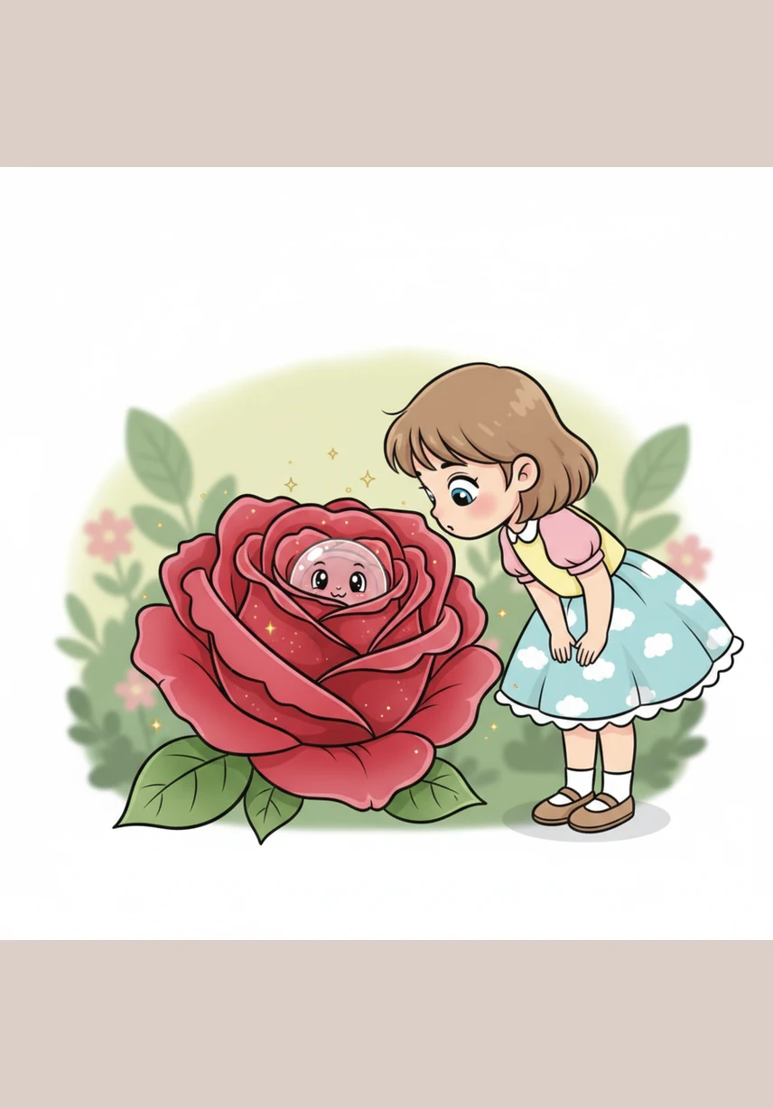 As Lily leaned in to catch its scent, a tiny, melodic voice whispered her name from within the bloom. The rose’s petals moved gently, revealing a face as delicate as a dewdrop nestled at the very center of the flower.